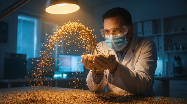 Scientist analyzing grains under laboratory light capturing seeds in motion with a focus on research