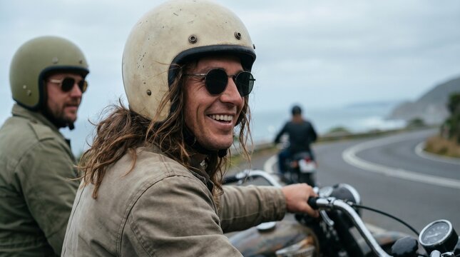 Motorcyclists enjoying a scenic ride along a coastal road with dramatic cliffs and ocean views in overcast weather