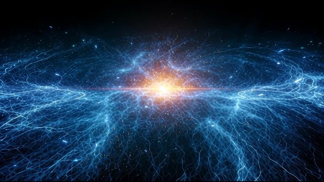 Footage shows dynamic energy patterns surrounding a bright star in space, with light and particles moving in a swirling motion during nighttime.