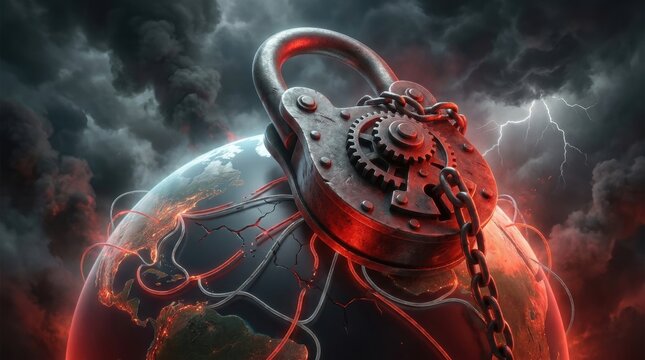 World Locked Down: A surreal depiction of planet Earth under a massive, industrial-style padlock, signifying global restriction or crisis amidst a dramatic, stormy sky.