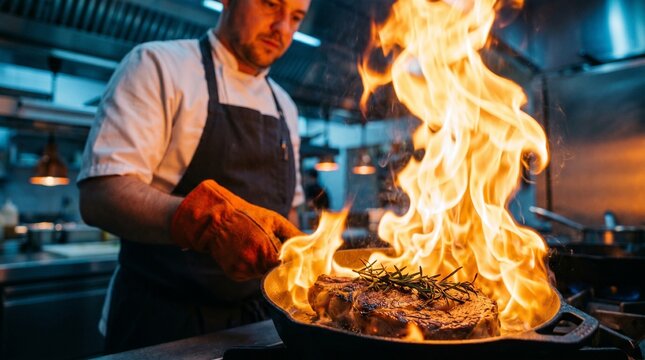 Chef flambing steak in kitchen with intense flames