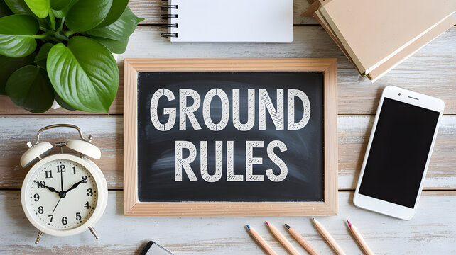 A chalkboard with ground rules surrounded by office supplies on a wooden desk