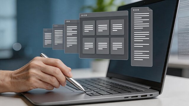 Hand using stylus pen on laptop touchpad with floating document pages and file folders graphic user interface data organization cloud storage workflow automation digital