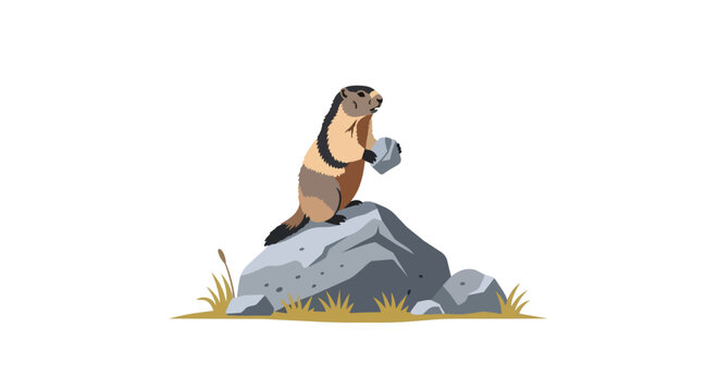 Marmot groundhog standing on a rock holding a stone illustration isolated on white background