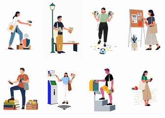 Fototapeta premium Flat illustration set of diverse people sharing and reading information about digital rights, privacy notices, and online security awareness in various public settings.