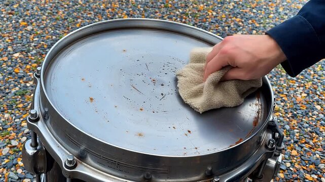 Hand cleaning metal drum head outdoors