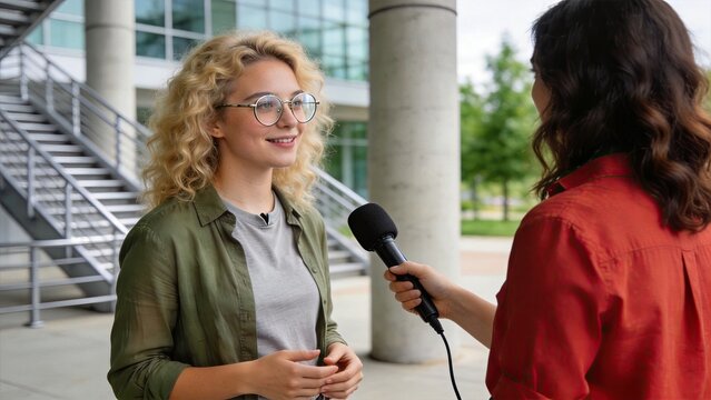 Young female reporter interviewing student with microphone outside modern university campus building, journalism concept, media coverage, press interview, communication skills,