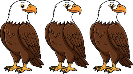 Naklejka premium Cute bald eagle cartoon character mascot set featuring three patriotic American raptor birds standing isolated on a white background graphic elements.