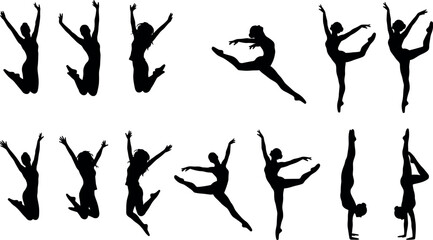 Dancer silhouettes vector set featuring women jumping leaping performing ballet contemporary modern dance poses and handstands isolated on white background graphic elements. © Tofijun