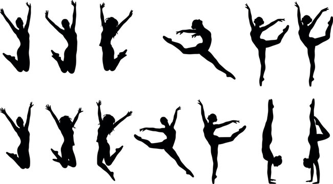 Dancer silhouettes vector set featuring women jumping leaping performing ballet contemporary modern dance poses and handstands isolated on white background graphic elements.