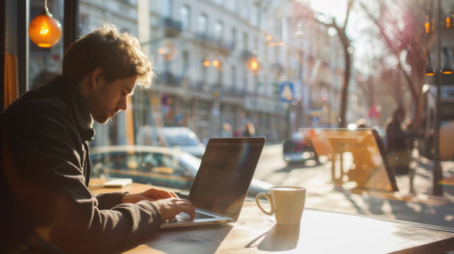 Man Working on Laptop Inside Modern Sunlit Coffee Shop