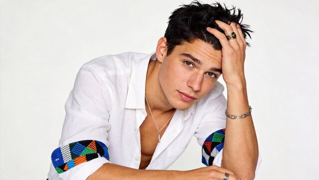 Handsome young man posing in white shirt with colorful cuffs, fashion model portrait, stylish male looking at camera, casual elegant style, jewelry accessories ring and bracelet,