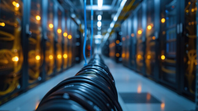 Modern Data Center Interior with Organized Server Racks and Cables