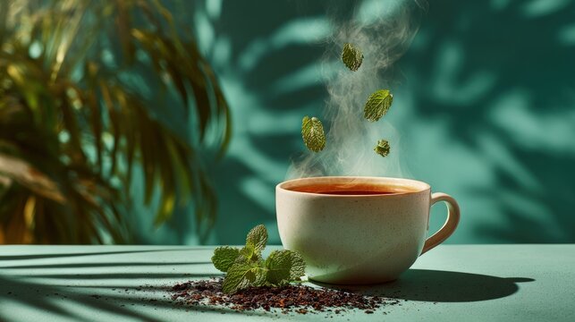 Fresh hot peppermint tea in a ceramic cup with rising steam and floating mint leaves on a teal background with tropical shadows