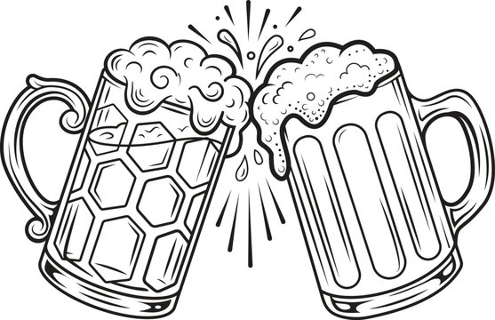 Two Beer Mugs Clinking Line Art Vector - Cheers and Toasting Illustration