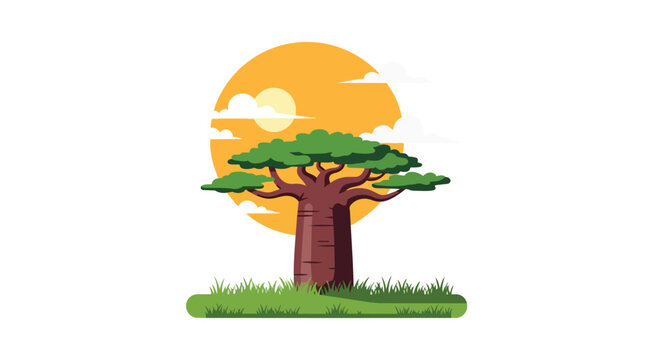 Stylized African Baobab Tree Illustration with a Setting Sun and Clouds over Green Grassland