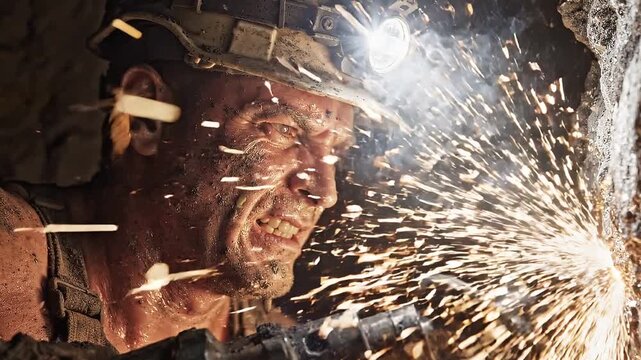 Intense close up of miner grimacing while operating heavy drill with massive sparks flying past the camera in dark coal mine