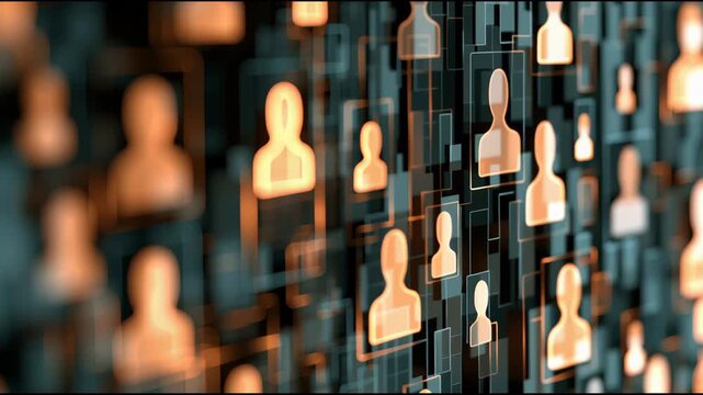 Icons of people illuminate a dark background, showing digital connections and interactions in modern technology.