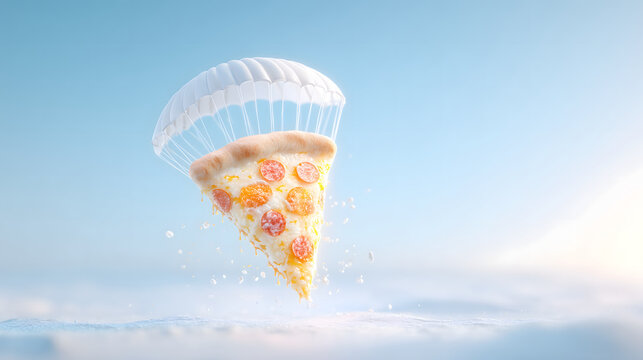 Giant delicious pepperoni pizza slice floating down with parachute brings surprising delightful magical emotion across bright sunny sky