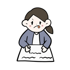 Obraz premium Cute businesswoman working hard on documents with focus, kawaii office illustration