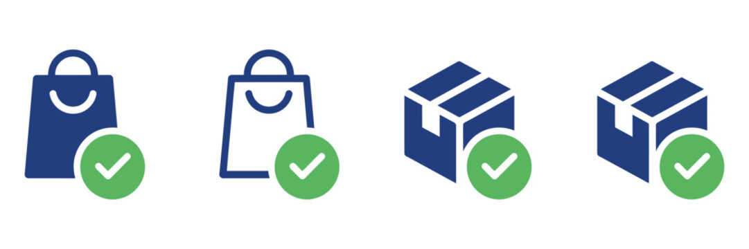 Product packaging vector featuring shopping bag and package box with check mark icon, delivery confirmation, retail logistics,  fulfillment, and shipping service concepts