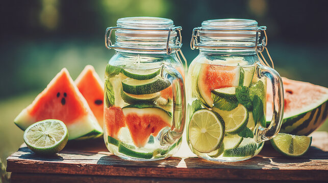 Infused water jars with fresh watermelon lime and mint slices on wooden table, mason jar