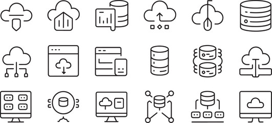 Cloud Server Storage, Network Data and Backup Icons Set in Outline Style for It and Cloud Computing Illustrations © md