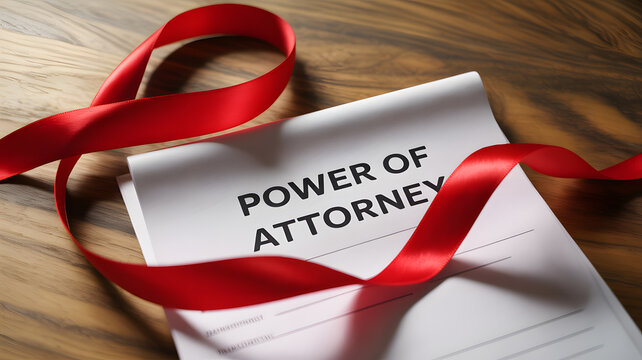 A power of attorney document tied with a red ribbon on a wooden table