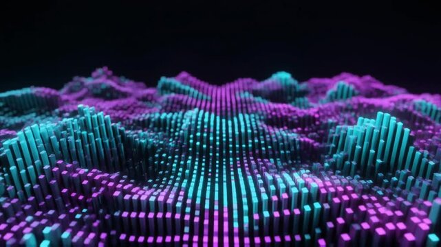 Abstract 3D motion graphics of glowing cyan and magenta digital pillars undulating like topographic waves against a dark background