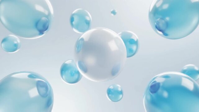 Macro 3D render of glossy blue and white bubbles floating in a bright clean studio environment