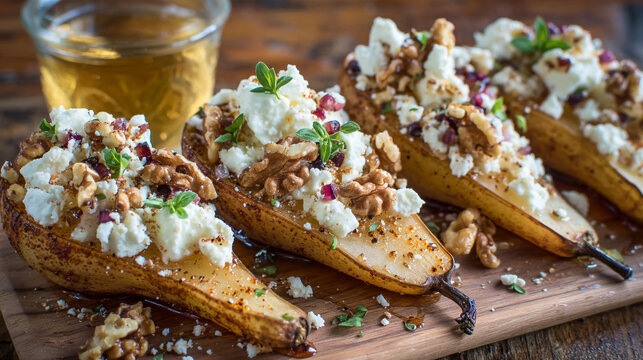 Roasted pear halves with goat cheese and honey vegetarian culinary nutritious homemade