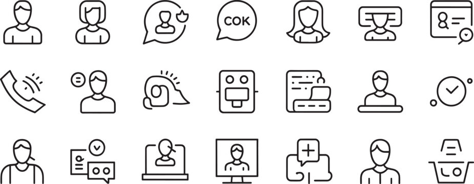 User Support Icons Set with Customer Service Avatars, Verification Badges, and Chat, Phone, and Terminal Outline Symbols