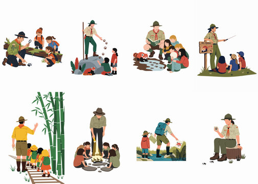 Set of park rangers and scout leaders teaching children about nature, wildlife, and tracking animals like red pandas in various outdoor educational settings.