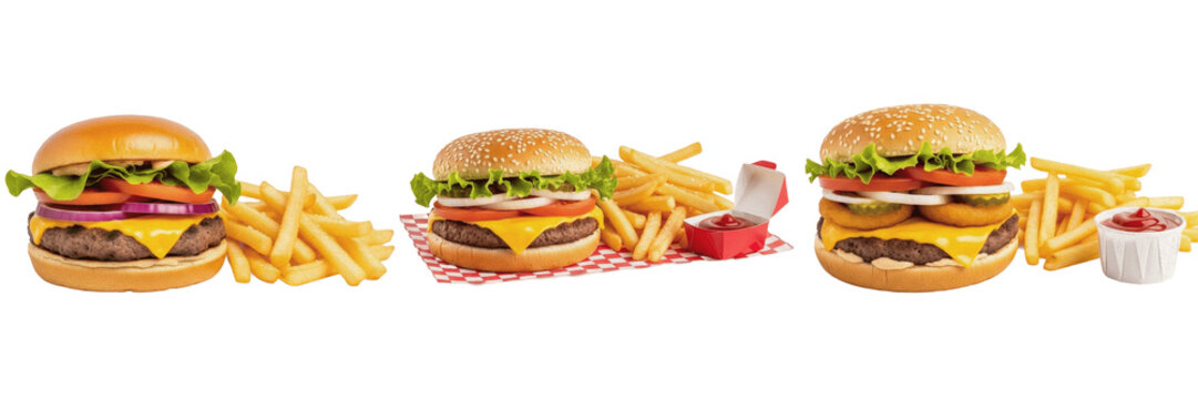 Set of Three Delicious Cheeseburgers with Fresh Lettuce, Tomatoes, and Onions Served with Golden French Fries and Ketchup Isolated on White Background. Classic Fast Food Combos for Restaurant Menu Des