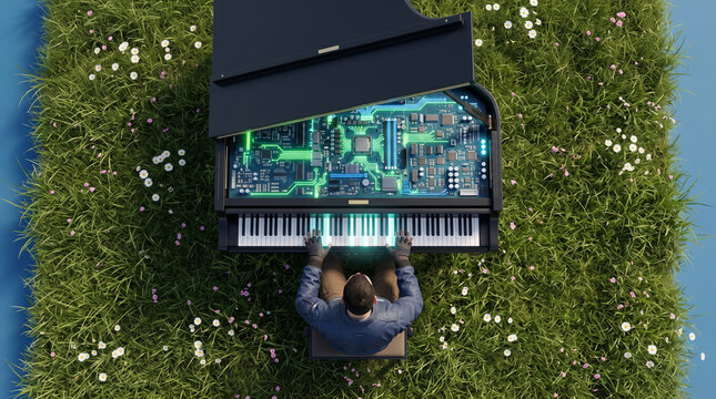 Top view of a man playing a futuristic electronic grand piano on green grass field, surreal concept of digital music technology and nature with exposed glowing circuit board motherboard