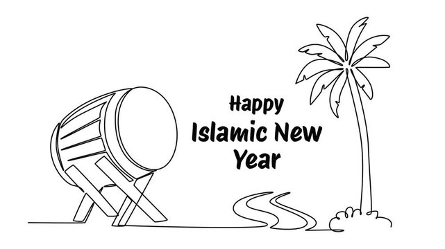 Bedug drum and palm tree outline illustration. 
Islamic new year concept. Single line draw design. Full length animation illustration. High quality 4k footage