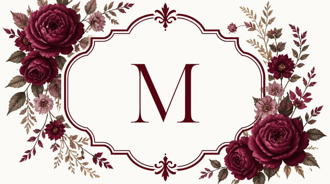Ornate Victorian Monogram with Initial 'M' Adorned by Lush Burgundy Roses and Delicate Botanical Foliage