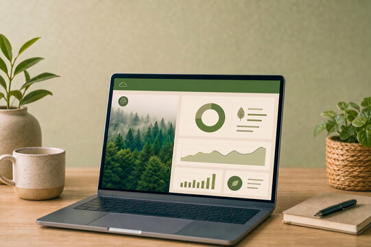 Laptop displaying environmental data dashboard on wooden desk