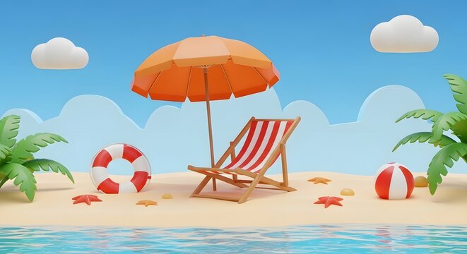 3d illustration of a summer beach scene with a deck chair, umbrella, and palm trees