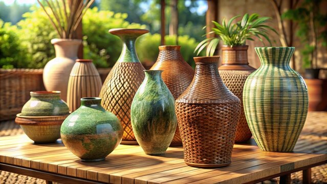 Ceramic vases on wicker table decoration