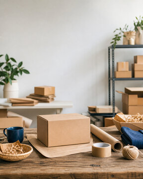 Cardboard box on wooden table for e-commerce packaging