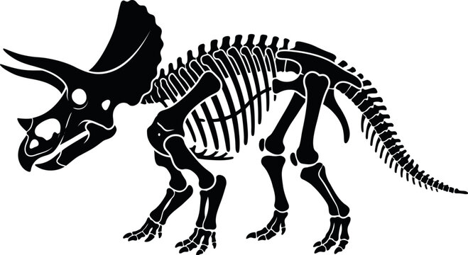 Black silhouette of a Triceratops dinosaur skeleton fossil side profile