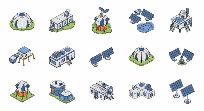 Collection of isometric futuristic space station modules and solar panels, isolated on white background.