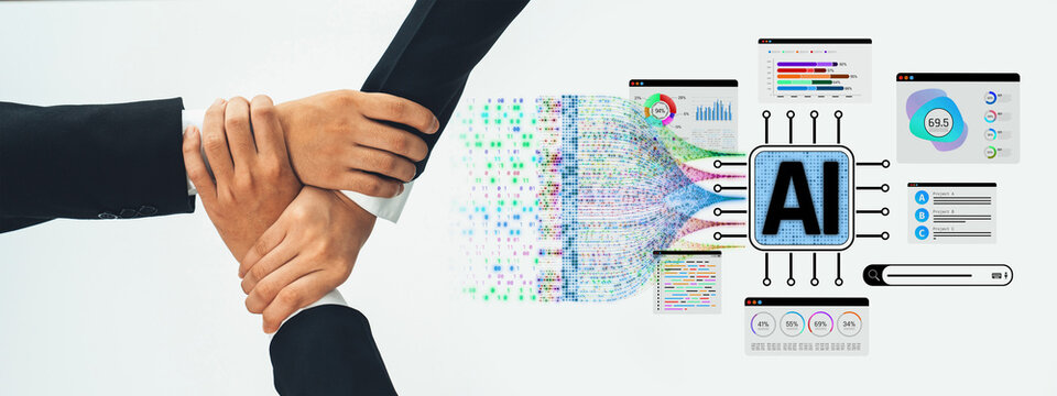 Hands Joining Together with AI Graphics and Data Visualization, Symbolizing Collaboration and Technology in Modern Business Environments Sigmoid