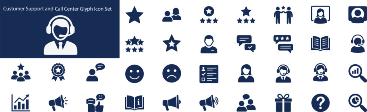 Customer support icon set with headset ratings and communication glyphs