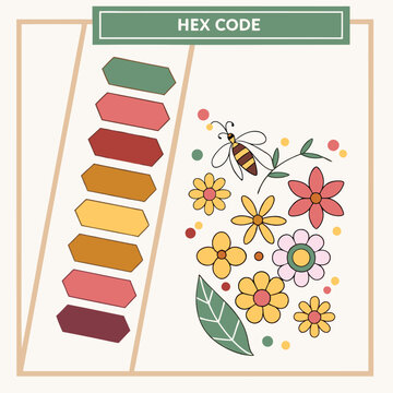Colorful floral icons, hex code color palette, bee and flower graphics, vector illustrations