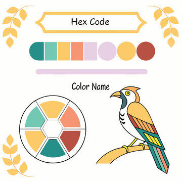 Colorful parrot, hex code palette, color wheel, vibrant bird illustration, graphic design elements