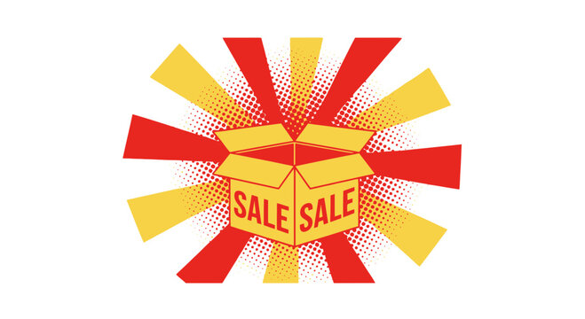 Open Box with Sale Signs and Burst Background - Retail Promotion
