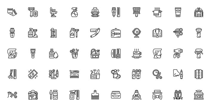 Barber shop icon set. Minimalist vector icons pack. Featuring hair clipper, razor, barber chair, shaving cream, barber pole, shaving brush, beard oil, comb and more. Editable vector stroke.