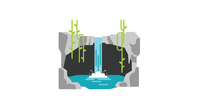 Serene natural landscape illustration of a waterfall flowing into a blue pond inside a stone cave with hanging green vines